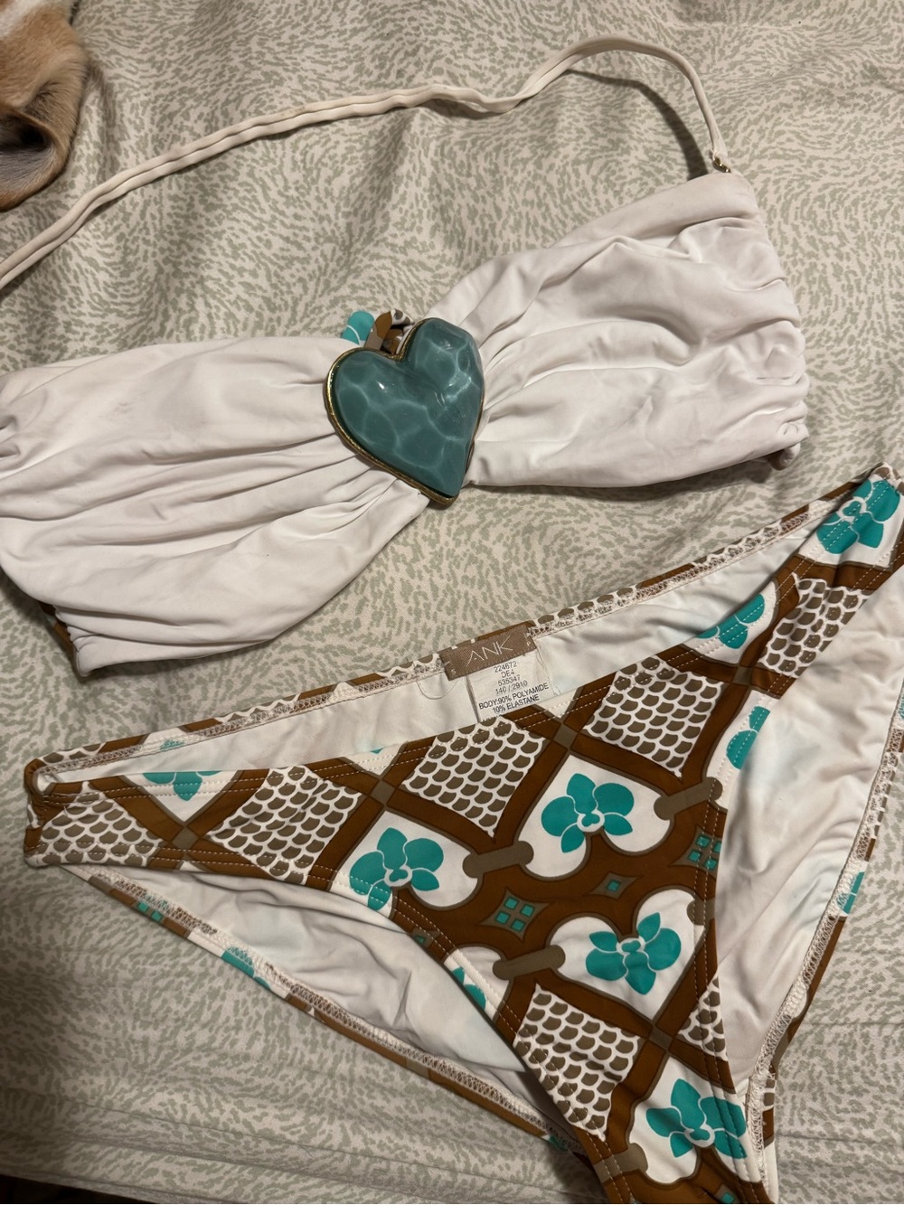Vintage White Bandeau Bikini Top & Patterned Bottoms with Turquoise Heart Accent